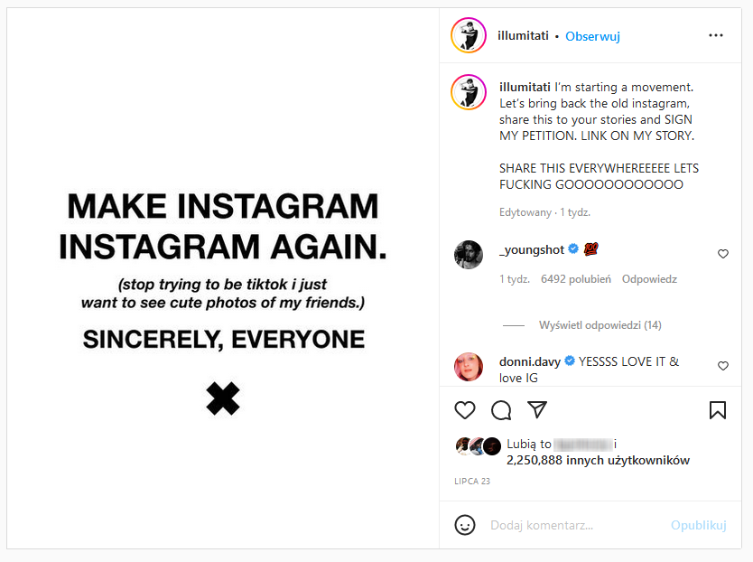 Post, który rozpoczął ruch "Make Instagram Instagram again".